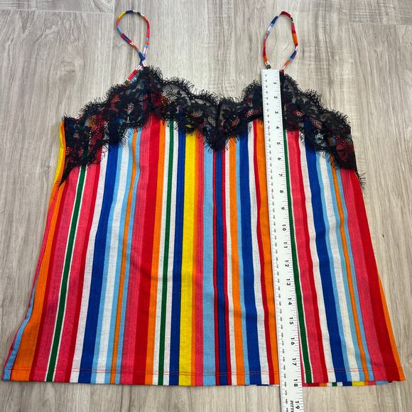Zara Trafaluc Womens Cami Top Size L Colourful Rainbow Stripe Black Lace Trim - Picture 4 of 8